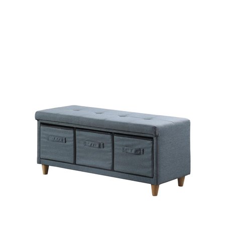 ORE INTERNATIONAL ORE International HB4804 17.5 in. Magnolia Blue Gray Tufted Bench with Storage Basket Drawers HB4804